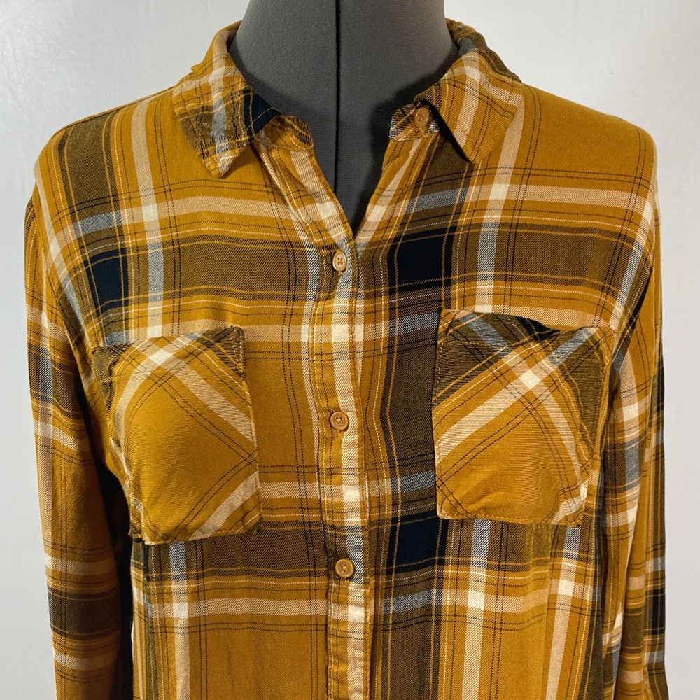 Plaid Shirt/Top Women Size M Mustard & Black Button Up Collar Pockets Soft Comfy - Picture 2 of 9